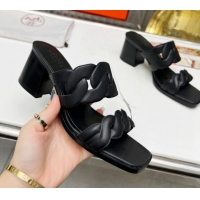 Duplicate Hermes Gaby Leather Heel Slide Sandals 6cm All Black 426019