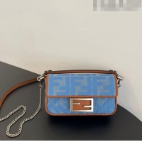 Promotional Fendi Baguette Mini Bag in Denim with FF embroidery F0094 Light Blue 2023