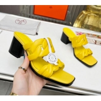 Best Price Hermes Gaby Leather Heel Slide Sandals 6cm Yellow 426025