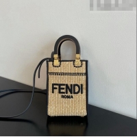 New Fashion Fendi Mini Sunshine Shopper Bag in Raffia Straw F7121 Beige/Black 2023