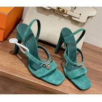 Sophisticated Hermes Glamour Suede High Heel Sandals 9.5cm Green 0525102