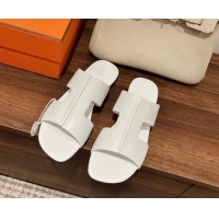 Top Grade Hermes Devise Flat Slide Sandals in Nappa Leather White 525116