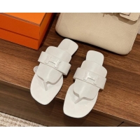 Well Crafted Hermes Galerie Flat Thong Slide Sandals in Calfskin 525117 White