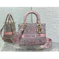 Famous Brand Dior Medium Lady D-Lite Bag in Toile de Jouy Reverse Embroidery CD6085 Grey and Pink 2023