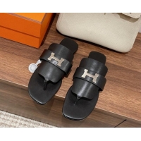 Unique Style Hermes Galerie Flat Thong Slide Sandals in Calfskin 525117 Black