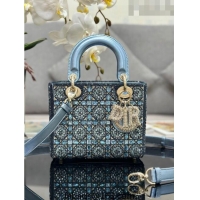 Top Quality Dior Small Lady Dior Bag in Metallic Calfskin and Satin with Celestial Blue Resin Bead Embroidery CD6100 202