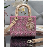 Top Design Dior Small Lady Dior Bag in Metallic Calfskin and Satin with Rose Des Vents Pink Resin Bead Embroidery CD6100