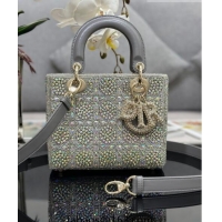 Top Grade Dior Small Lady Dior Bag in Metallic Calfskin and Satin with Grey Resin Bead Embroidery CD6100 2023