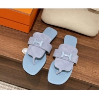 Grade Quality Hermes Galerie Flat Thong Slide Sandals in Suede Purple/Blue 525118