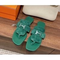 Popular Style Hermes Galerie Flat Thong Slide Sandals in Suede Green 525121