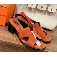 Pretty Style Hermes Elbe Heel Sandals 6cm in Suede Orange 525122