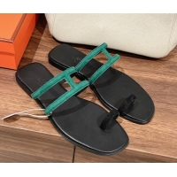 Low Price Hermes Georia Flat Slide Sandals in Suede 525126 Green