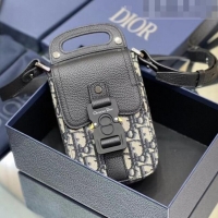 New Design Dior Saddle Vertical Pouch with Strap in Oblique Jacquard and Black Grained Calfskin CD7012 Beige and Black 2