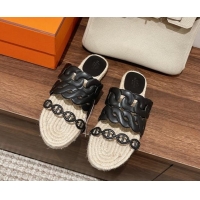 Most Popular Hermes Gwen Flat Slide Sandals in Leather Chain Black 0525133