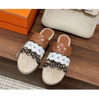 Fashion Hermes Gwen Flat Slide Sandals in Leather Chain White/Brown 0525134