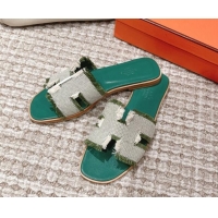 Cheap Hermes Classic Flat Slide Sandals in Fringe Fabric Green 0525145