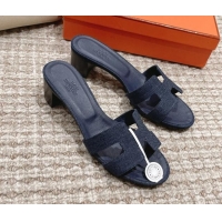 Hot Style Hermes Classic Oasis Denim Heel Slide Sandals 4.5cm Dark Blue 525151