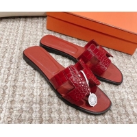 Grade Quality Hermes Classic Flat Slide Sandals in Crocodile Embossed Leather Red 0525152