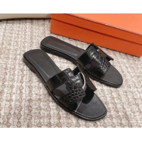 Classic Hot Hermes Classic Flat Slide Sandals in Crocodile Embossed Leather Black 525154