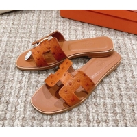 Best Product Hermes Classic Flat Slide Sandals in Ostrich Embossed Leather Brown 525158