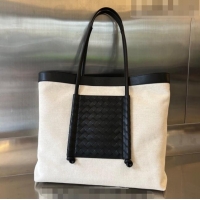 Famous Brand Bottega Veneta Portello Tote Bag in Canvas and Intreccio Leather 755776 White/Black 2023