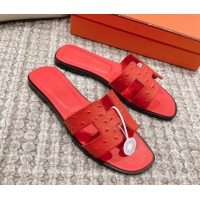 Best Grade Hermes Classic Flat Slide Sandals in Ostrich Embossed Leather Orange Red 525159