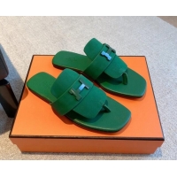 Purchase Hermes Galerie Flat Thong Slide Sandals All Green Suede 525163