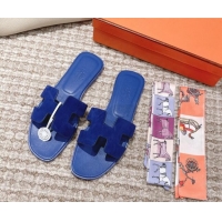 Low Cost Hermes Classic Oran Suede Flat Slide Sandals  0525167 Blue