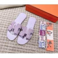 Pretty Style Hermes Classic Oran Suede Flat Slide Sandals Light Purple 525170