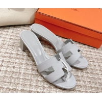 Trendy Design Hermes Classic Oasis Heel Slide Sandals 4.5cm in Grained Leather Pale Grey 530008