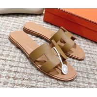 Best Product Hermes Classic Oran Calfskin Flat Slide Sandals Apricot 530028