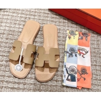 Best Price Hermes Classic Oran Calfskin Flat Slide Sandals Beige 530030