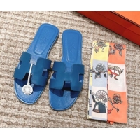 Duplicate Hermes Classic Oran Calfskin Flat Slide Sandals Blue 530031