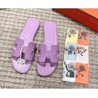 Best Grade Hermes Classic Oran Calfskin Flat Slide Sandals Purple 530035