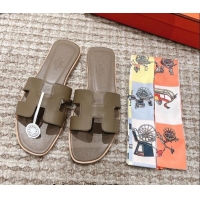 Stylish Hermes Classic Oran Calfskin Flat Slide Sandals Grey 530037