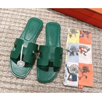 Perfect Hermes Classic Oran Calfskin Flat Slide Sandals Green 530038