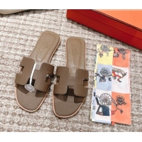 Good Quality Hermes Classic Oran Flat Slide Sandals in Grained Leather Elephant Grey 530039