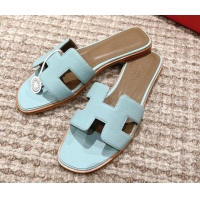 Popular Style Hermes Classic Oran Flat Slide Sandals in Grained Leather Light Blue 530042