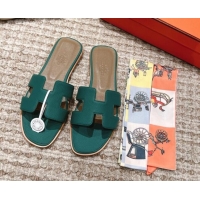 Top Design Hermes Classic Oran Flat Slide Sandals in Grained Leather Green 530043