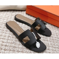 Shop Duplicate Hermes Classic Oran Flat Slide Sandals in Grained Leather Black/Grey 530045