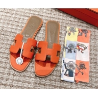 Hot Style Hermes Classic Oran Flat Slide Sandals in Grained Leather Orange 530047