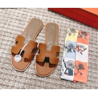 Discount Hermes Classic Oran Flat Slide Sandals in Grained Leather Brown/Grey 530050