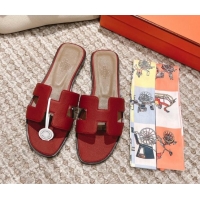 Stylish Hermes Classic Oran Flat Slide Sandals in Grained Leather Burgundy 0530051