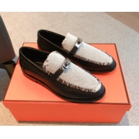 Fashion Hermes Destin loafers in calfskin and fringed canvas Black 0530058