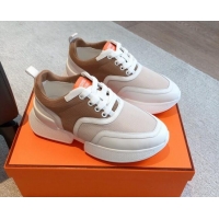 Grade Quality Hermes Giga sneakers in mesh pique and calfskin Beige/Brown 0530071