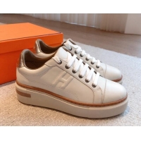 Top Design Hermes Calfskin Platform Sneakers White/Silver 531002