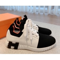 Luxury Hermes Depart sneakers in knit and calfskin white/black 531009