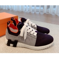 Grade Hermes Depart sneakers in knit and calfskin navy blue/grey 0531011