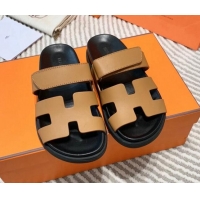 Pretty Style Hermes Chypre Flat Sandals in Smooth Leather Brown/Black 0531019