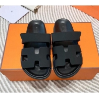 Good Product Hermes Chypre Flat Sandals in Black Matte Leather 0531021